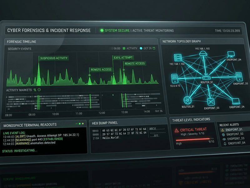 Digital forensics command-center dashboard showing a forensic timeline, network topology, and threat indicators